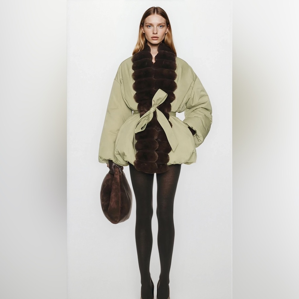 Sage Green Quilted Jacket with Brown Faux Fur Trim like helsa NO BELT